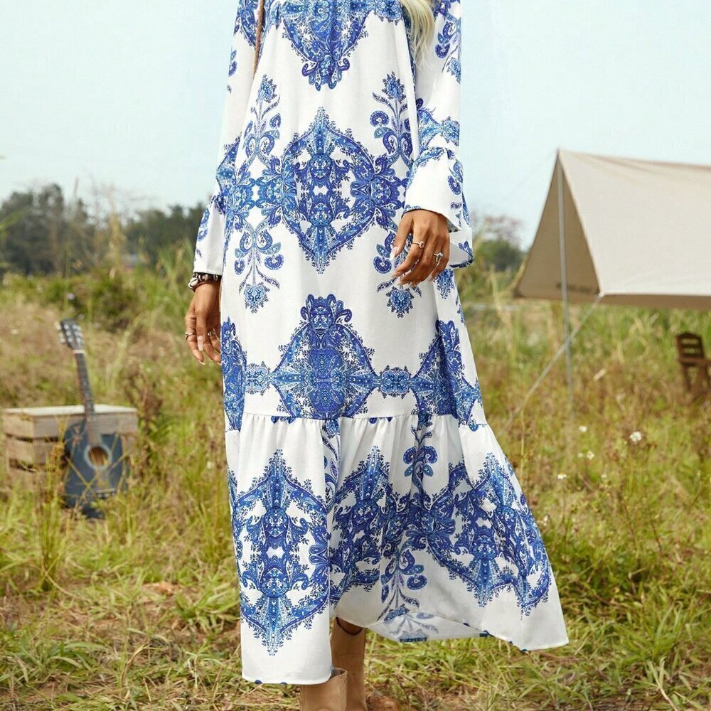 Boho Women's Notched Neck Flounce Hem Maxi Dress With Sleeve blue white - Picture 6 of 6